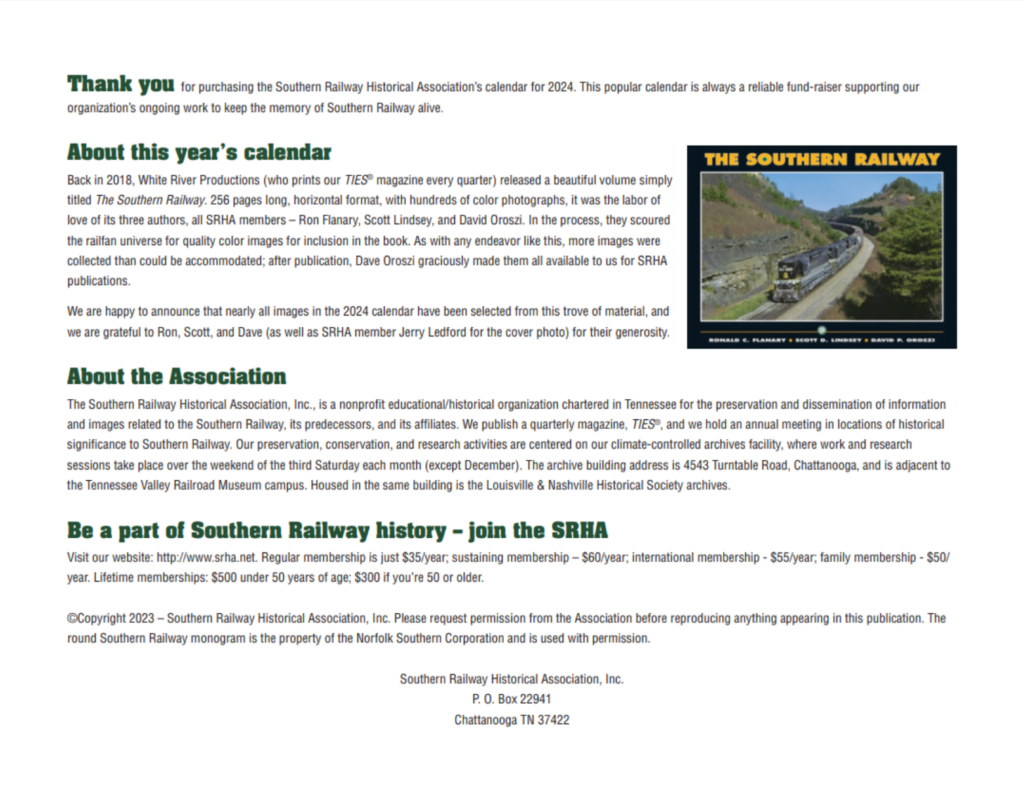 2024 SRHA Calendar — Southern Railway Historical Association