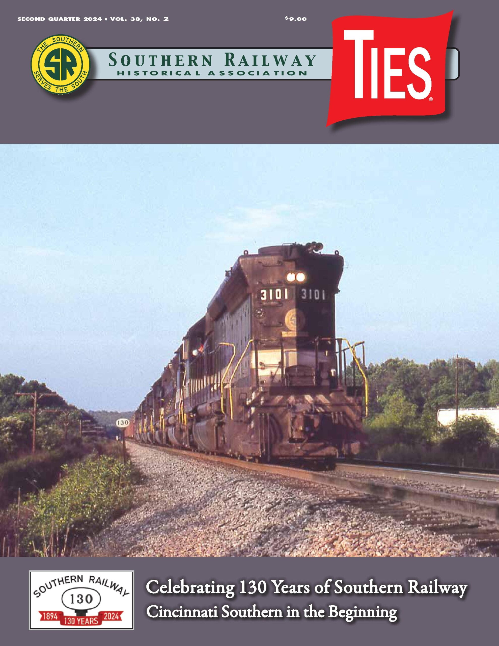 Cover of 2024 Quarter 2 Ties Magazine, SD45 passing MP 130 at Irondale, AL.