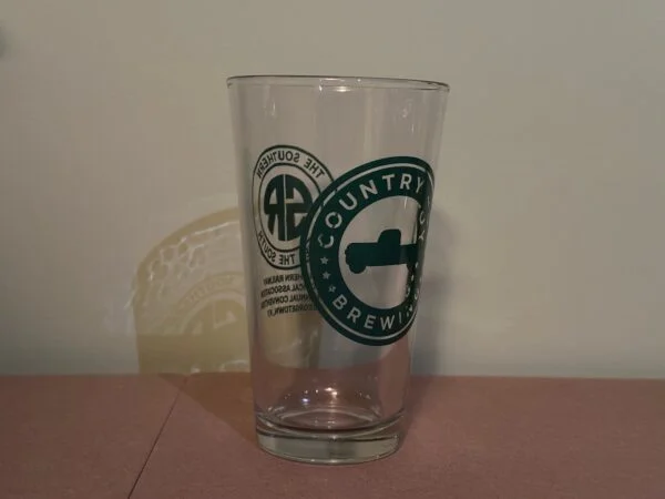 Clear glass with two logos, front side Southern Railway, Reverse side Country Boy Brewing