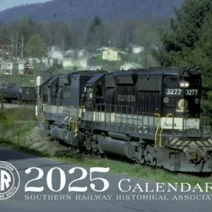 Cover of 2025 calendar featuring Southern SD40-2 3277 rounding a curve near Asheville, NC.