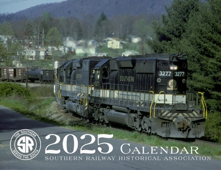 Cover of 2025 calendar featuring Southern SD40-2 3277 rounding a curve near Asheville, NC.