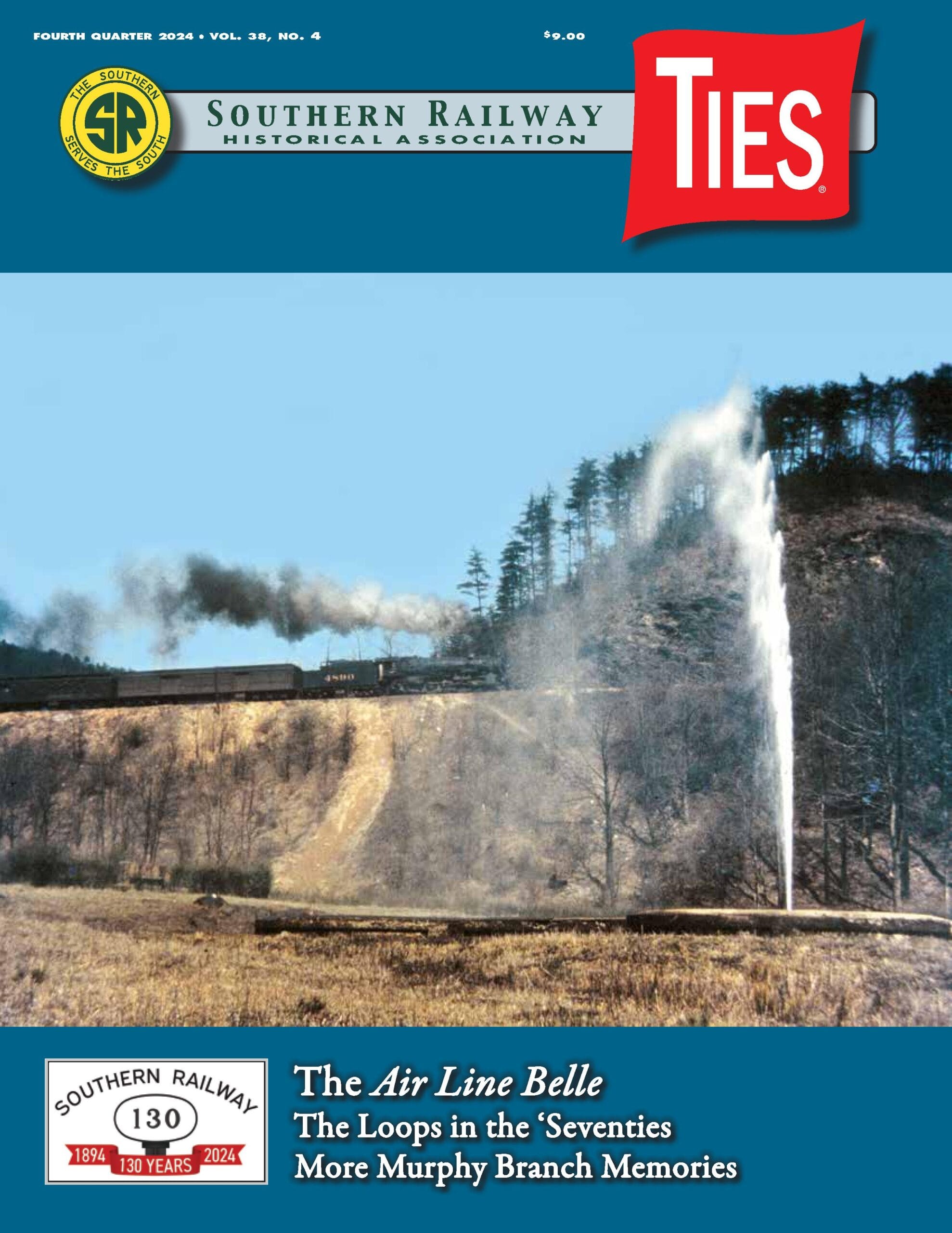 Cover of Ties Magazine featuring photo of steam engine passing Andrews Geyser